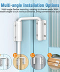Updated Aluminum Alloy Patio Sliding Door Loop Lock For 90 And 180 Degree U Track Latch Barn Garden Fence Gate Window Easy Install Sturdy And Long Lasting Kid Safe And Pet Safe Rust Resistant White Finish 1 Piece shown installed on blue door for multi-angle use.