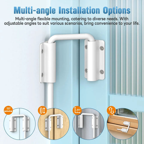 Updated Aluminum Alloy Patio Sliding Door Loop Lock For 90 And 180 Degree U Track Latch Barn Garden Fence Gate Window Easy Install Sturdy And Long Lasting Kid Safe And Pet Safe Rust Resistant White Finish 1 Piece shown installed on blue door for multi-angle use.