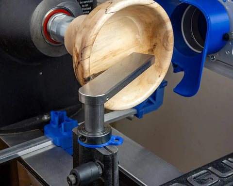 Pro Grade Woodturning Tool Rest Platform With Post And Collar For Scrapers And Turning Tools, Hollowing Ready, Beefy Stainless Steel Platform, 5 7 Or 9 Inch Lengths, 1 Inch Post, 7 Inch Wide Rest, USA Made on lathe with bowl