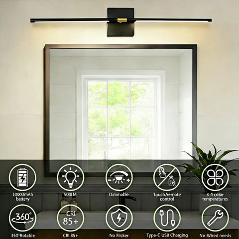 Battery Operated Wall Sconces Set Of 2 Rechargeable Wireless Wall Lights 360 Rotatable Magnetic Modern Lamps above a mirror.