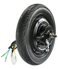 14 Inch 36 Volt 500 Watt Brushless Hub Motor Wheel With Integrated Drum Brake For Electric Scooter And Electric Bike Conversion, side view with electrical wires.