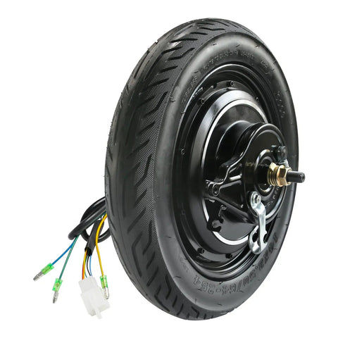 14 Inch 36 Volt 500 Watt Brushless Hub Motor Wheel With Integrated Drum Brake For Electric Scooter And Electric Bike Conversion, side view with electrical wires.