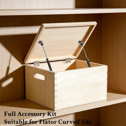 Wooden toy box with open lid showing 2 Pack Soft Close Toy Box Hinges With Gas Strut Heavy Duty Lid Support For Toy Chests Storage Benches And Blanket Boxes Slow Close Durable Black Steel Finish installed inside.