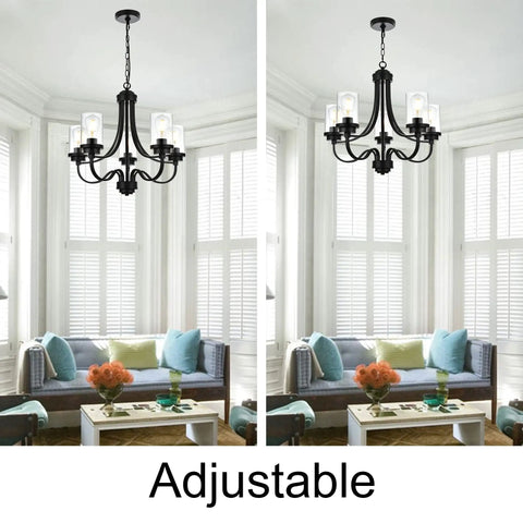 Affordable Luxury Five Light Farmhouse Chandelier In Classic Black Finish With Adjustable Industrial Pendant Lighting in living room.