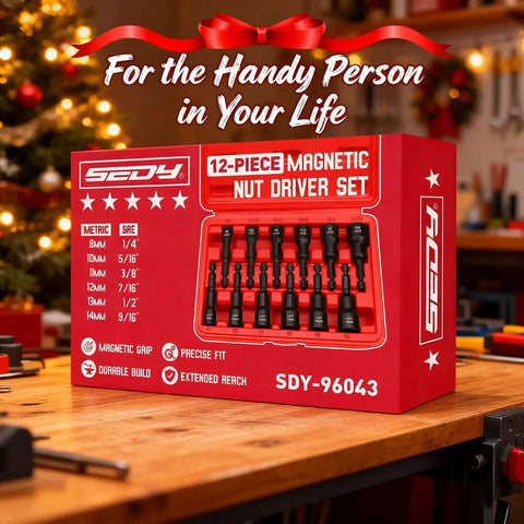 Front view of red 12-piece magnetic nut driver set box with SAE/metric sizes and 1/4-inch quick-change