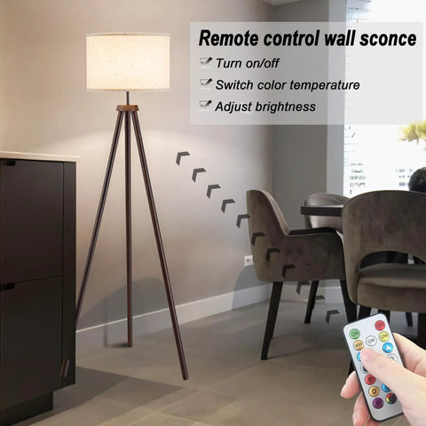 Living room scene with Cordless Battery Powered Floor Lamp With Remote Control Dimmable Tripod Lamp and LED Linen Fabric Shade