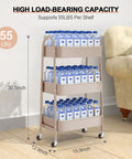 Three Tier Rolling Utility Cart With Lockable Wheels And Handy Metal Handle, Metal Storage Organizer On Wheels With Mesh Baskets For Kitchen, Living Room, Office Or Garage Beige Finish, 55 lbs capacity