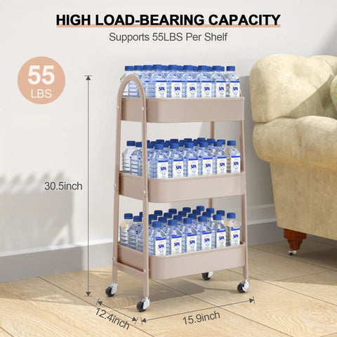 Three Tier Rolling Utility Cart With Lockable Wheels And Handy Metal Handle, Metal Storage Organizer On Wheels With Mesh Baskets For Kitchen, Living Room, Office Or Garage Beige Finish, 55 lbs capacity