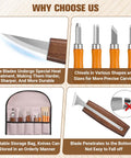 Starter Wood Carving Kit For Beginners And Kids, 20 Piece Set with knives, chisels, storage bag, showing blade details and features
