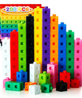 200 Piece Kids Linking Cubes Set For Math And STEM Building Blocks, colorful cubes stacked in various pattern arrangements