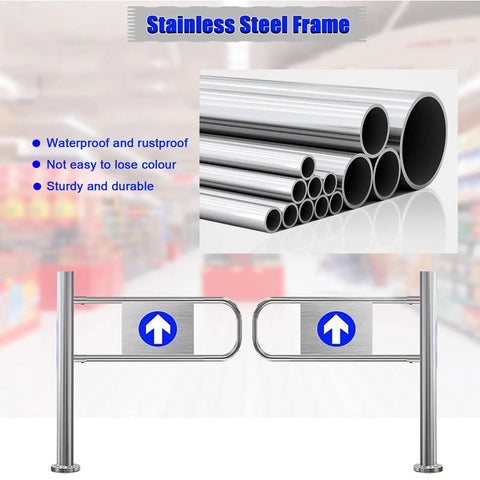 Solid Self Closing Safety Gate With Hassle Free Post Mount, Ninety Degree Spring Loaded Swing Door For Store Aisles, One Way Access Barrier, No Sweat Automatic Closing, Silver Plated with stainless steel frame.