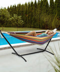 Heavy Duty 550 Lbs Double Hammock With Stand Included And Portable Carrying Bag For Outdoors And Indoors Rainbow Stripe Upgraded 2 Person Hammock With Frame next to pool