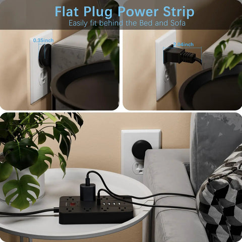 Flat Plug Power Strip With 8 Widely Spaced Outlets 10 Ft Extension Cord And 6 USB Ports Including 1 USB C Port in use by bed and sofa
