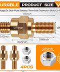 Brass Side Post To Top Post Battery Converter, 2-Piece Kit Of Long Stud Terminal Bolts With 3/8-16 And 3/8-24 Screw Threads, Fine Pitch Matching Nuts Included, Gotta-Have Essential For GM Rigs, showing detailed sizes and dimensions.