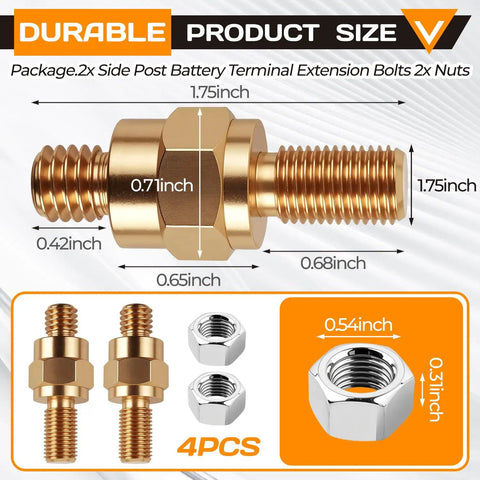 Brass Side Post To Top Post Battery Converter, 2-Piece Kit Of Long Stud Terminal Bolts With 3/8-16 And 3/8-24 Screw Threads, Fine Pitch Matching Nuts Included, Gotta-Have Essential For GM Rigs, showing detailed sizes and dimensions.