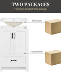 Instant Upgraded Vibes With This 24 Inch Bathroom Vanity Featuring A Built In Ceramic Sink Two Smooth Doors And One Spacious Drawer For Hassle Free Storage Modern White Cabinetry with sink basin and cabinet packaging