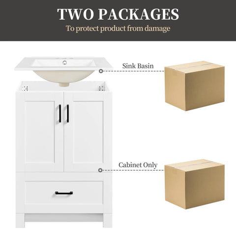 Instant Upgraded Vibes With This 24 Inch Bathroom Vanity Featuring A Built In Ceramic Sink Two Smooth Doors And One Spacious Drawer For Hassle Free Storage Modern White Cabinetry with sink basin and cabinet packaging