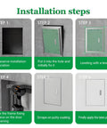 Installation steps for Total No Brainer Install Aluminum Access Panel With Strong Reinforced Door For Drywall, showing fixing process.