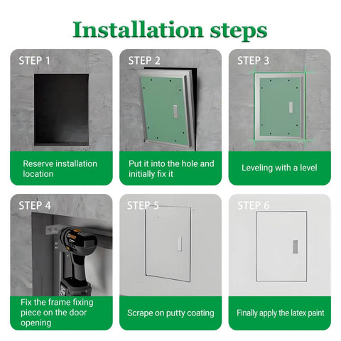 Installation steps for Total No Brainer Install Aluminum Access Panel With Strong Reinforced Door For Drywall, showing fixing process.