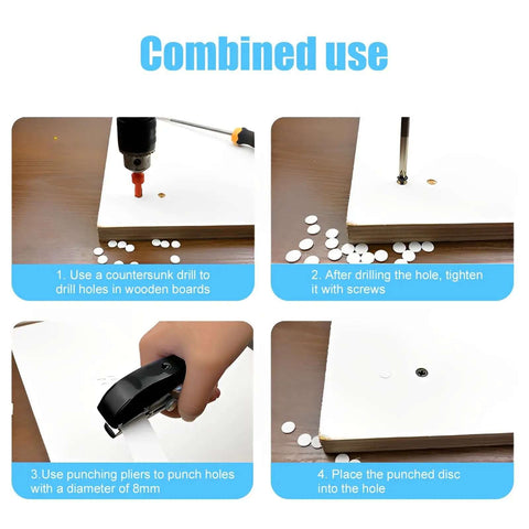 Steps showing 8mm Heavy Duty Hole Punch Tool for paper and card projects with countersunk drill and edge banding capabilities