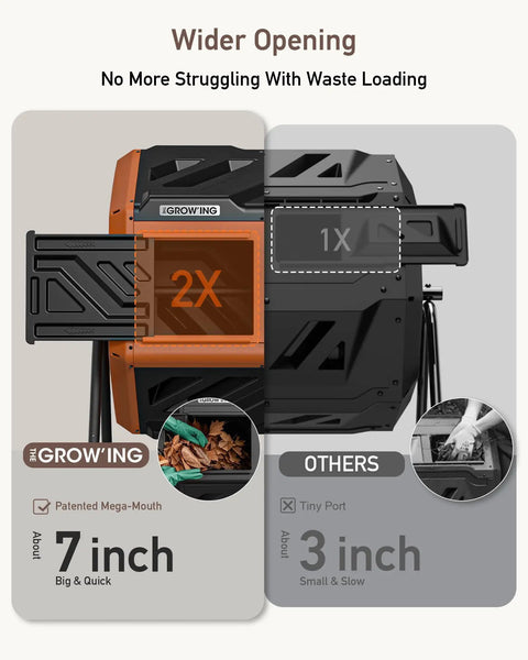 43 Gallon Dual Chamber Compost Bin With Built In Nuts And Thermometer For Outdoor Rotating Composter Tumbler, wide opening, bright orange
