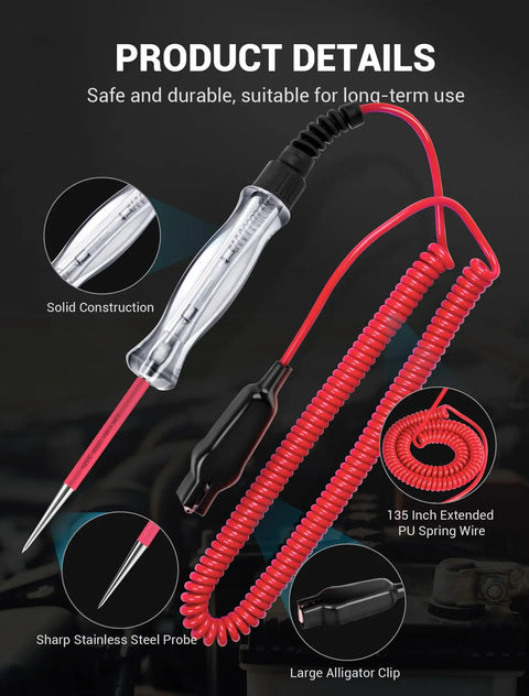Go-To Car Circuit Tester For 6-24V Systems With 135 Inch PU Wire And Sharp Stainless Probe Dual Color LED Test Light, red coil wire