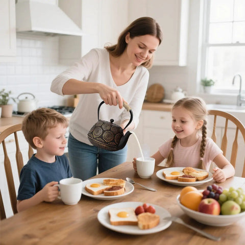 Woman serving tea with Tetsubin Style Cast Iron Teapot 40oz Enamel Coated Stovetop Kettle With Stainless Steel Infuser And Heat Resistant Handle