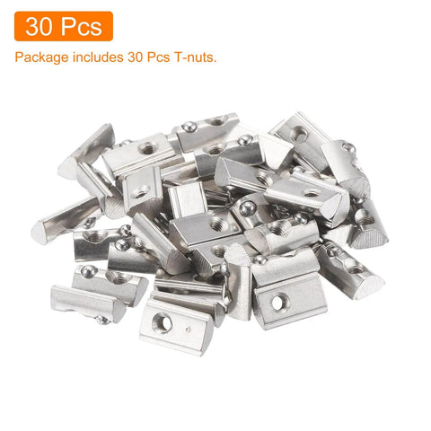 30Pcs M3 T Spring Nuts Carbon Steel Nickel Plated Half Round Roll-In for T-Slot Aluminum 3D Printer, silver finish.
