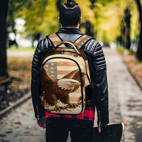 Person wearing Antique Eagle Arrow Branch Printed Unisex Backpack Large Capacity Durable Polyester Daypack For School Travel