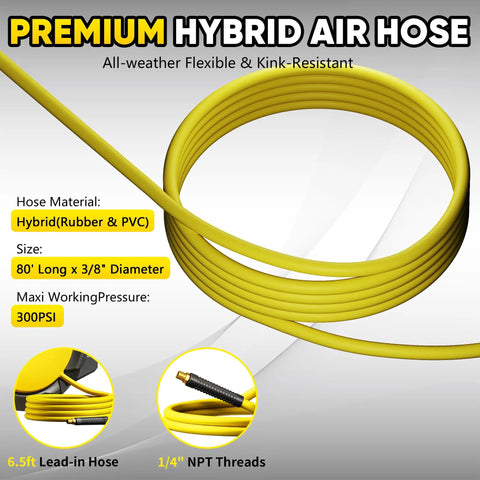 Heavy Duty Retractable Air Hose Reel With Auto Rewind And Full Pivot Swivel Wall Mount For Garage Crew Or Diy Pros Featuring Eighty Foot Three Eighth Inch Hybrid Line With Six Point Five Foot Lead In Tube Handling Three Hundred Psi No Fuss, showcased with a yellow flexible hybrid hose.