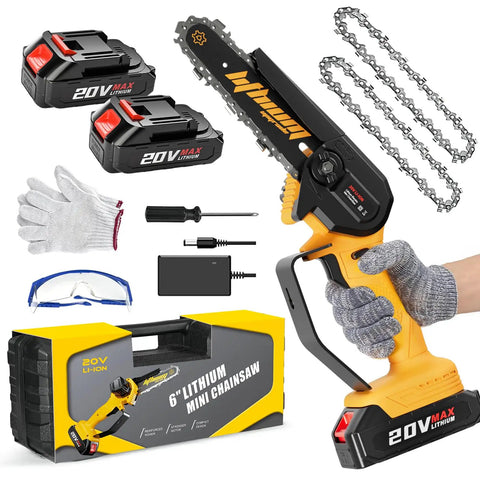 6 Inch Cordless Mini Chainsaw With Two Batteries, Portable Handheld Electric Chain Saw, gloves, charger, and storage box