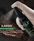 Gloved hand spraying CLP oil on firearm from 9mm Bore Cleaner And Pro Grade 5 Oz CLP Oil Gun Cleaning Kit With Gun Snake Patches 6 Inch Swabs Brushes Cleaning Picks Gloves And Cloths For Easy Home And Range Maintenance.