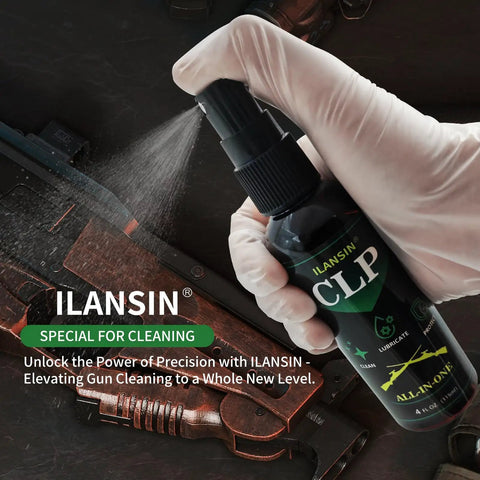 Gloved hand spraying CLP oil on firearm from 9mm Bore Cleaner And Pro Grade 5 Oz CLP Oil Gun Cleaning Kit With Gun Snake Patches 6 Inch Swabs Brushes Cleaning Picks Gloves And Cloths For Easy Home And Range Maintenance.