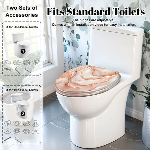 Elongated Liquid abstract marble painting print rose gold Toilet Seat fitting standard toilets with adjustable hinges.