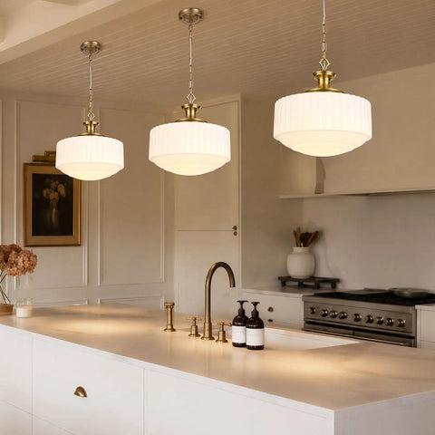 Vintage Brass Milk Glass Pendant Lights Fixture, Pleated Glass Chandelier hung over a modern kitchen island.