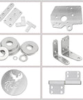Various metal hardware pieces including brackets, washers, hinges, and decorative plates showcasing Premium 304 Stainless Steel Foil Roll 0.1mm Thick by 300mm Wide by 1M Long for DIY Crafts Electronics and Industrial Machinery Hardware Projects Durable Metal Sheet for Coatings and Shielding applications.