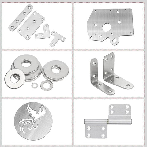 Various metal hardware pieces including brackets, washers, hinges, and decorative plates showcasing Premium 304 Stainless Steel Foil Roll 0.1mm Thick by 300mm Wide by 1M Long for DIY Crafts Electronics and Industrial Machinery Hardware Projects Durable Metal Sheet for Coatings and Shielding applications.