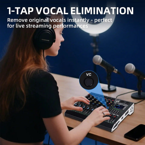Person using Dope 6 Channel DJ Mixer With Bluetooth And USB For Live Streaming On Mobile Or PC, 99 DSP Effects, 48V Phantom Power.