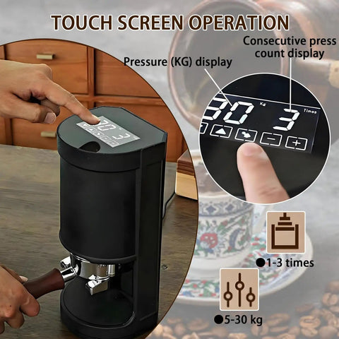 Automatic 58MM Electric Coffee Tamper Delivering Hella Even Compression Adjustable 5 To 30kg Pressure One To Three Selectable Tamp Cycles touchscreen interface displaying pressure and press count.