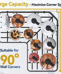 Top view of No Drill Corner Shower Caddy Set, Stainless Steel Wall Mounted Bathroom Organizer With Removable Hooks, Rustproof Shower Shelf, 2 Pack For Dorms And Renters, Black holding kettles and lids.