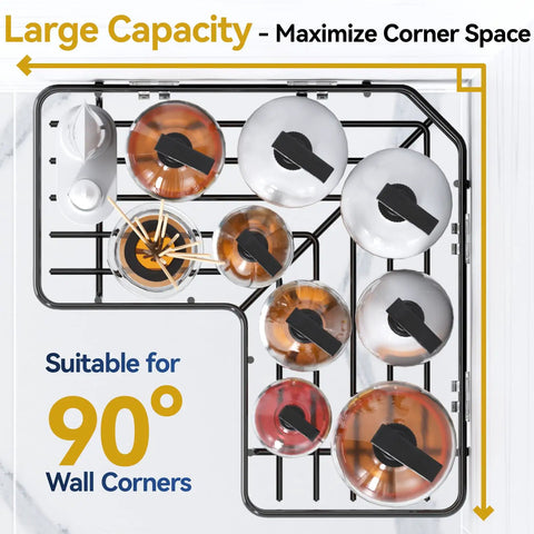 Top view of No Drill Corner Shower Caddy Set, Stainless Steel Wall Mounted Bathroom Organizer With Removable Hooks, Rustproof Shower Shelf, 2 Pack For Dorms And Renters, Black holding kettles and lids.
