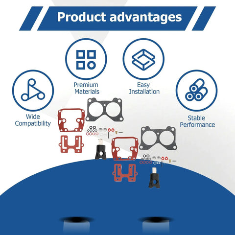 Two Pack Carburetor Repair Kit With Float, Needle And Seat, Gaskets And O Rings For V4 85 140HP Outboard Motors shown with advantages