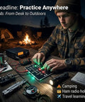 Man using LED Edition Morse Code Trainer Card Pro Interactive Pocket PCB Kit For Adults by campfire at night