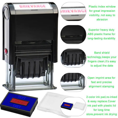 Heavy Duty Self Inking Date Stamp With Custom Message And Signature Replaceable Dual Color Ink Pad For Office Paperworks, ABS plastic frame.