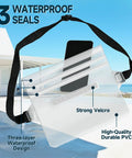 Two Pack Waterproof Phone Pouch with Adjustable Belt and Floating Design showing triple zipper seal and Velcro closure