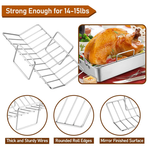 Heavy Duty Stainless Steel Roasting Pan With V Rack For Turkey And Chicken, Toaster Oven Safe with turkey