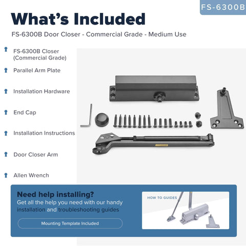 Heavy Duty Commercial Door Closer Auto Hydraulic Spring Arm FS 6300 For Wood Metal Glass Doors Grade 1 ANSI A1564 UL Listed ADA Compliant Left Or Right Hand Install Soft Close Closure For High Traffic Entrances