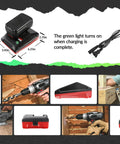 Straight Up Rock Solid 18V Fast Battery Charger With 3.0 Amp Quick Charge and PCXVMC Design showing charging indicator and dimensions.