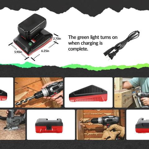 Straight Up Rock Solid 18V Fast Battery Charger With 3.0 Amp Quick Charge and PCXVMC Design showing charging indicator and dimensions.