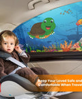 Child in car seat next to window with Two Pack Ocean Blue Window Sun Shades For Cars Breathable Spandex UV Protection Baby Window Covers